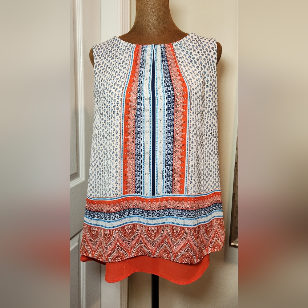 Rose + Olive Sleeveless Patterned Top - Red and Blue
